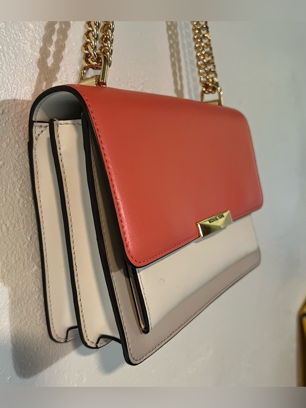 Michael Kors Coral and Cream Leather Chain Crossbody
